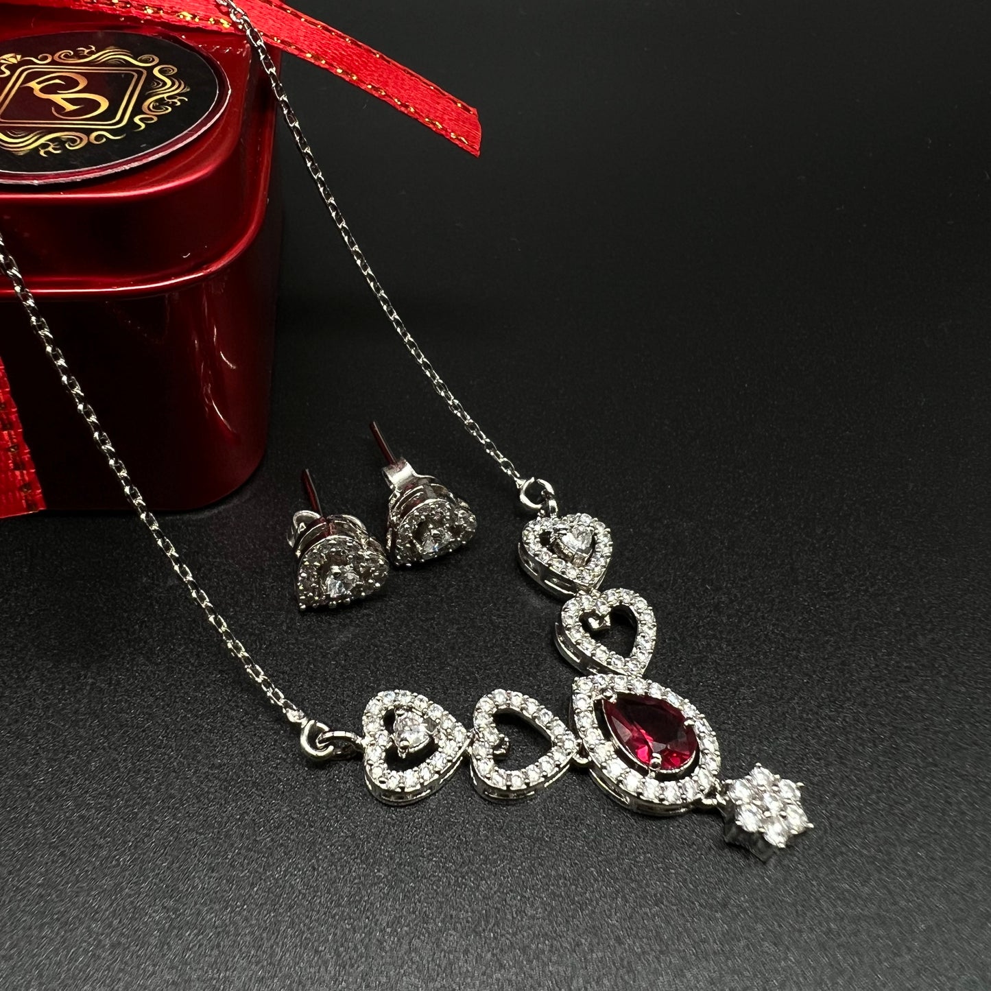Silver Red Stone Necklace with Earing