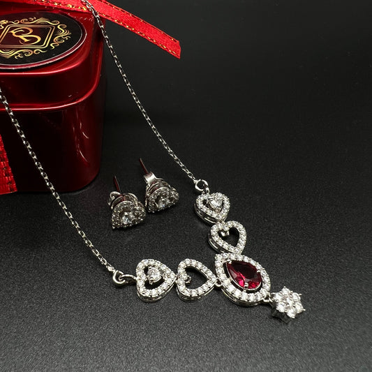 Silver Red Stone Necklace with Earing