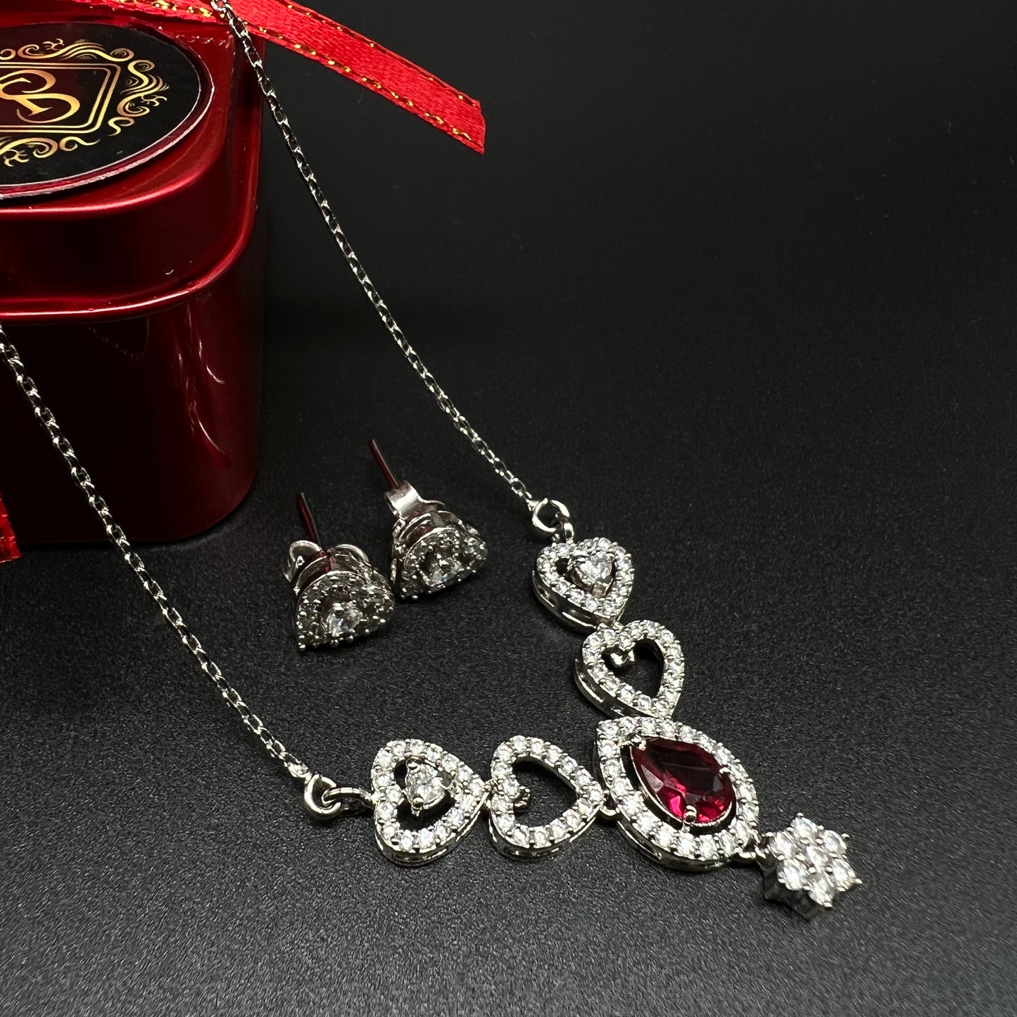 Silver Red Stone Necklace with Earing