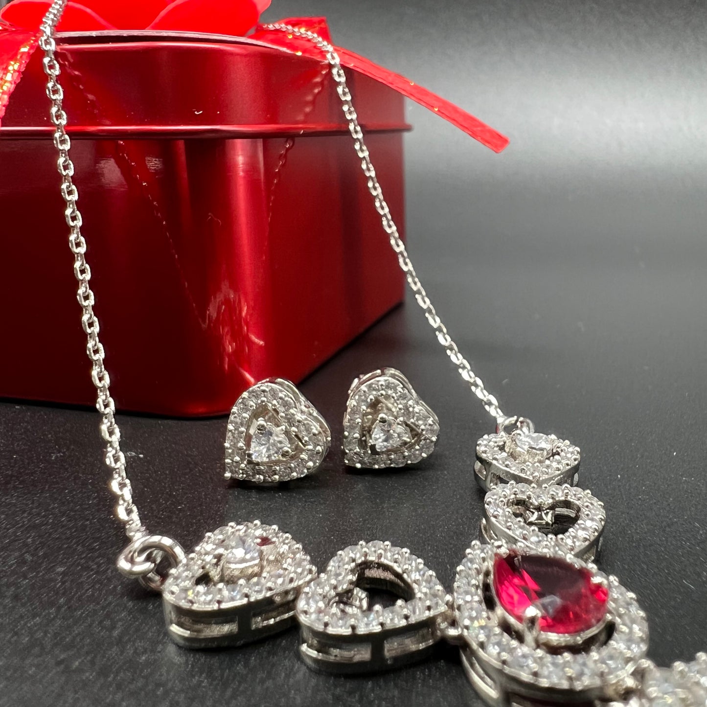 Silver Red Stone Necklace with Earing