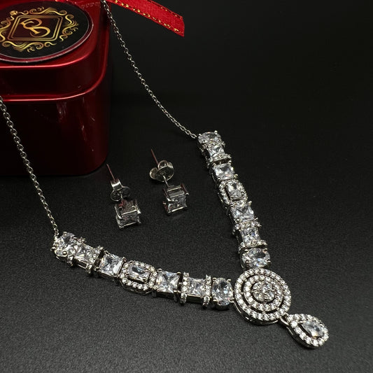 Silver Diamond Necklace with Earing